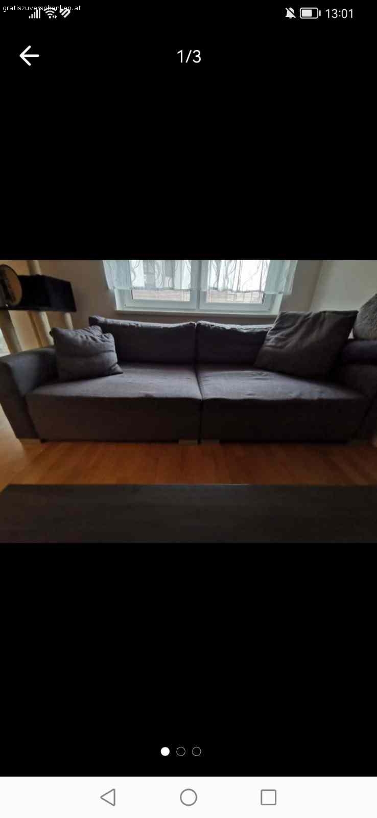 Bigsofa. Bigsofa zu verschenken, Farbe Dunkelgrau, Stoffbezug
Maße: 250x120x67, Sitztiefe 85cm
In zwei Teile zerlegbar