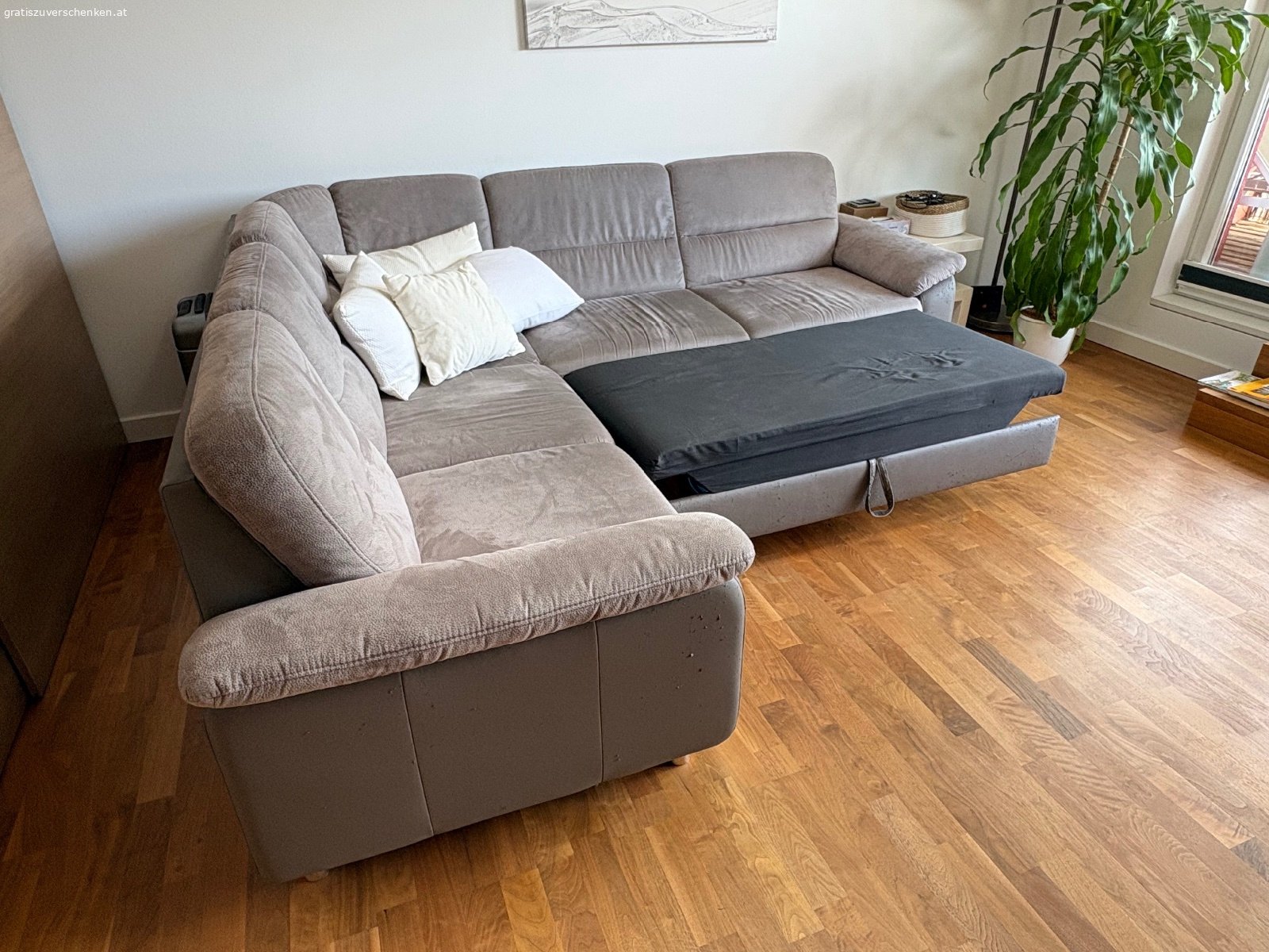 Couch mit Ausziehfunktion. Ca. 10 Jahre alt, starke Gebrauchspuren, Mikrofaser, leichte Flecken wahrscheinlich gut entfernbar.